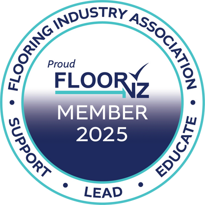 Flooring Industry Association member badge for 2025 with support, lead, and educate values.