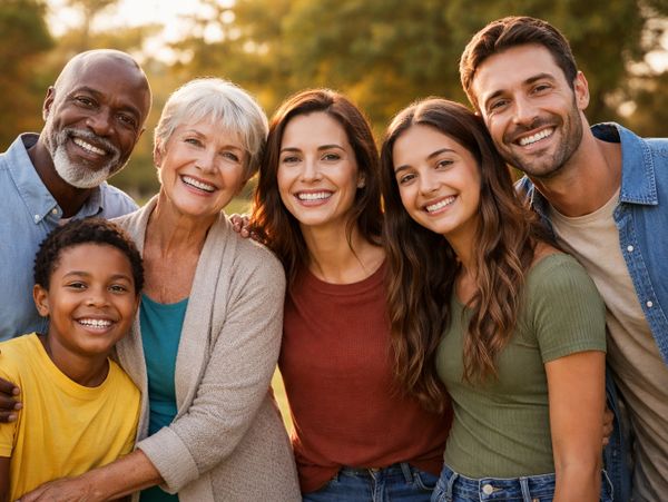 A joyful multi-generational family smiling outdoors at sunset.