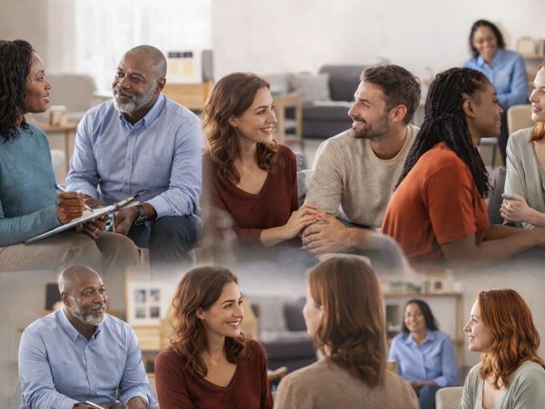 People engaging in supportive group therapy and counseling sessions.