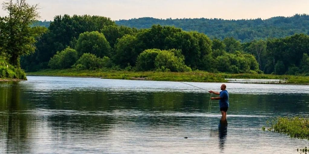 Man fishing in a river surrounded by trees.