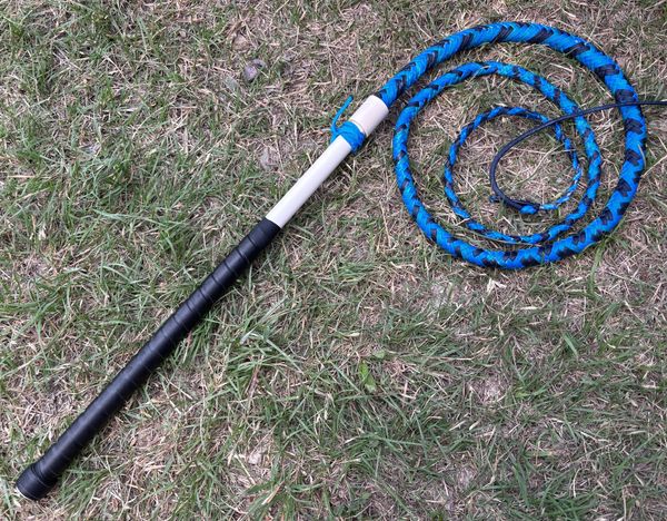 A blue and black whip with a white handle lying on grass.