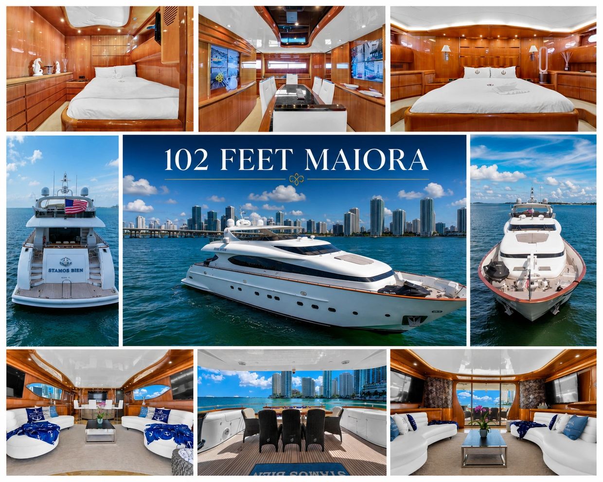 Luxury 102 feet Maiora yacht with elegant interiors and scenic ocean views.