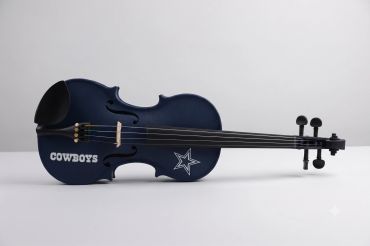 Blue 3D printed violin with Cowboys branding.