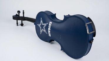 A blue 3D Printed violin case with a Cowboys logo.