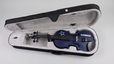 Blue 3D printed violin with Cowboys logo in a case.