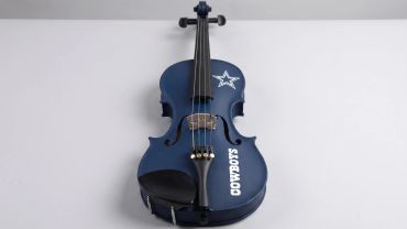 Blue 3D Printed violin with Dallas Cowboys logo and text.