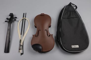 3D printed portable Violin and its components with a black carrying case.