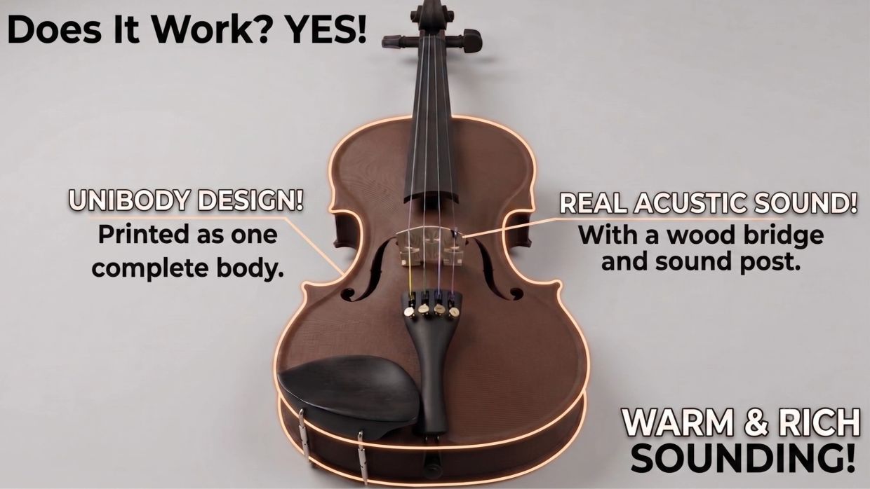 3D-printed violin with unibody design and real acoustic sound.