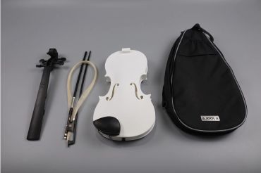 White portable 3d violin with bow and black case.