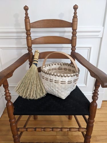 Shaker tape seat, hand made basket and broom