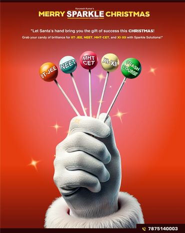 Santa's hand holding lollipops labeled with IIT-JEE, NEET, MHT-CET, XI-XII, and Crash Course.