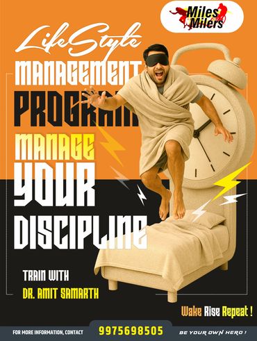 Man jumping out of bed with a blindfold, promoting lifestyle management program.