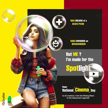 Young woman blowing bubbles celebrating National Cinema Day with a message about following dreams.