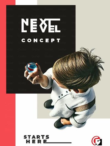 Overhead view of a child holding a marble with the text 'Next Level Concept starts here'.