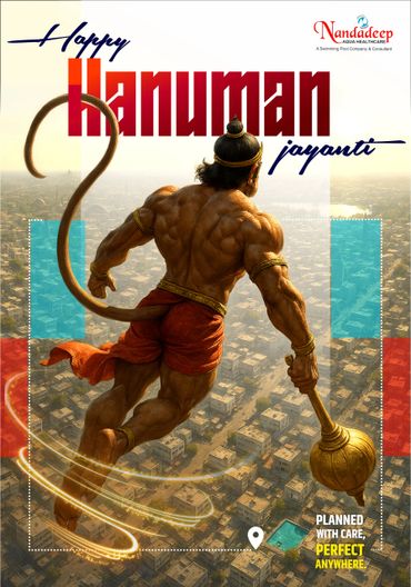 Illustration of muscular Hanuman flying over a city, celebrating Hanuman Jayanti.
