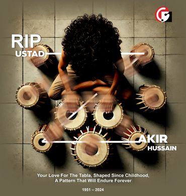 A tribute to Ustad Zakir Hussain, tabla maestro, with blurred hand movements on tabla drums.