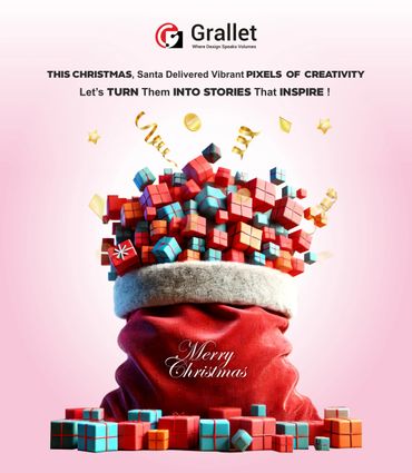 A festive red sack overflowing with colorful gift boxes and golden decorations, wishing a Merry Christmas.