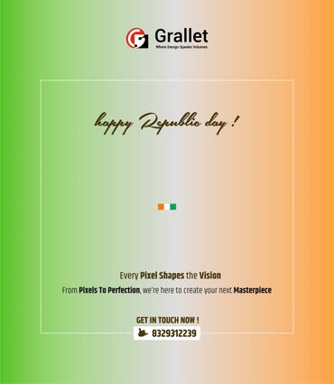 Happy Republic Day greeting with a green, white, and orange gradient background and design contact info.