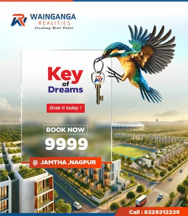 A bird holding a key with a real estate ad in the background.