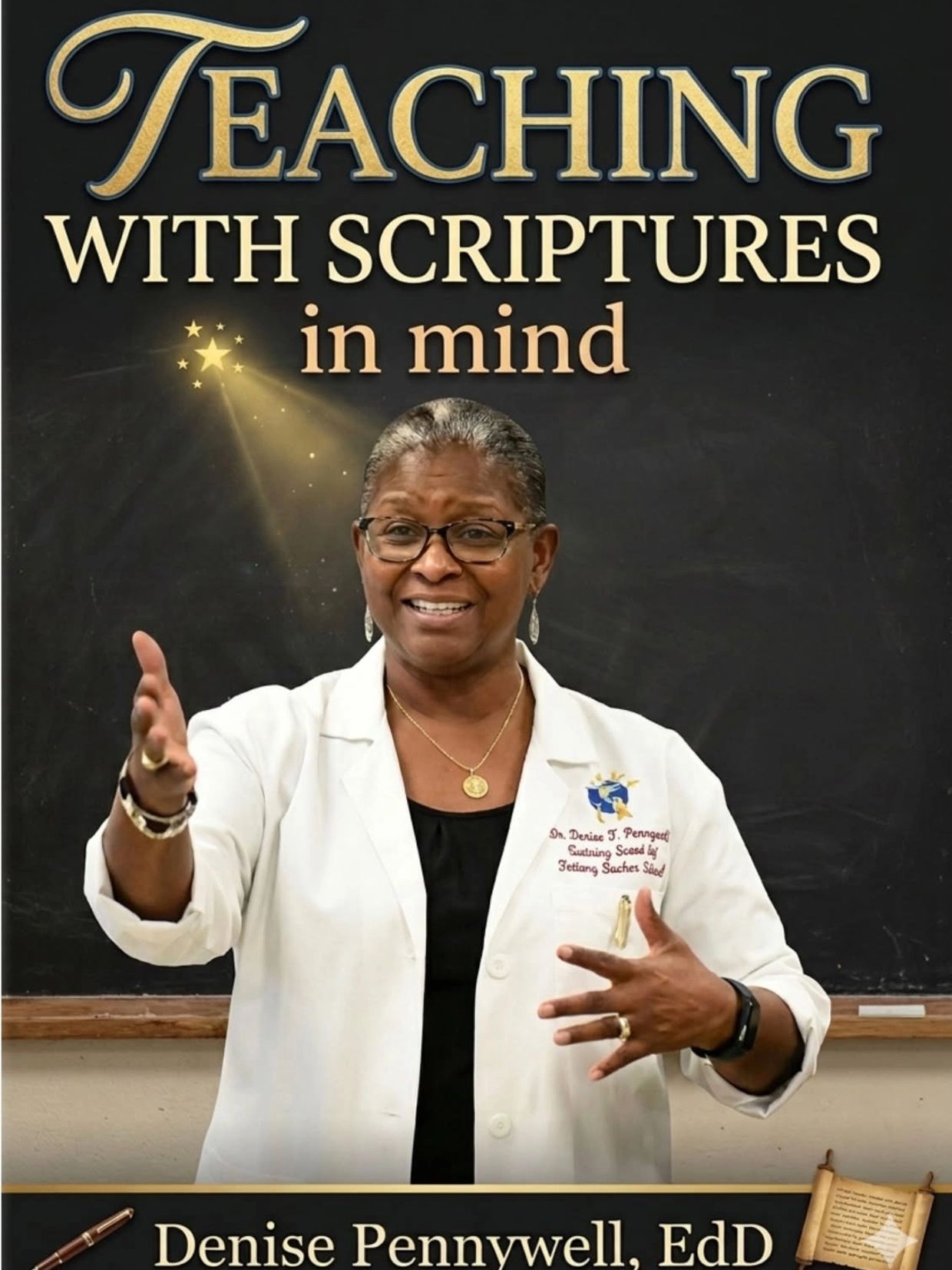 Denise Pennywell teaching with scriptures in mind, wearing a white coat and smiling warmly.