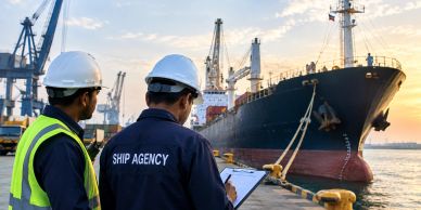 Two workers with hard hats at a dock near a large ship.