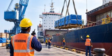 Workers load cargo onto a ship at a port.