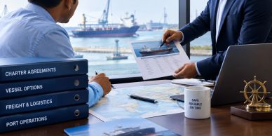 Businessmen discussing shipping documents near a harbor.