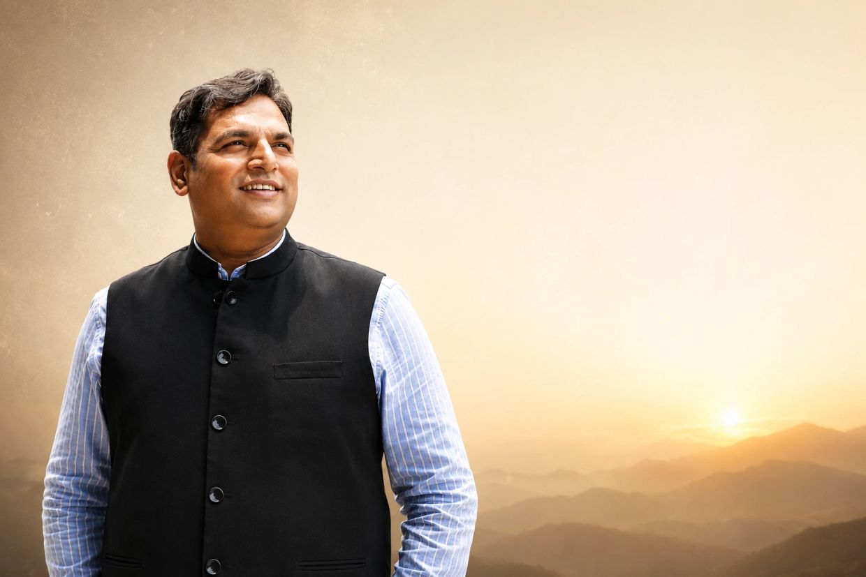 Man in black vest smiling against a mountain sunrise.