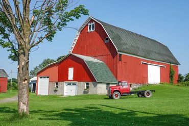 Red barn and vintage truck.