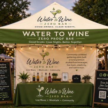 Water to Wine Zero Proof Bar booth promoting alcohol-free beverages and community.