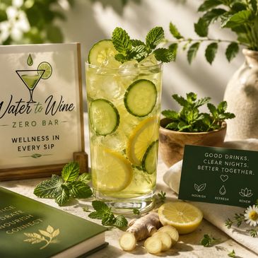 Refreshing cucumber lemon drink with wellness-themed cards and plants.