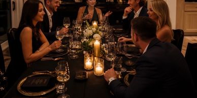 A group enjoying a dinner party with candles and drinks.