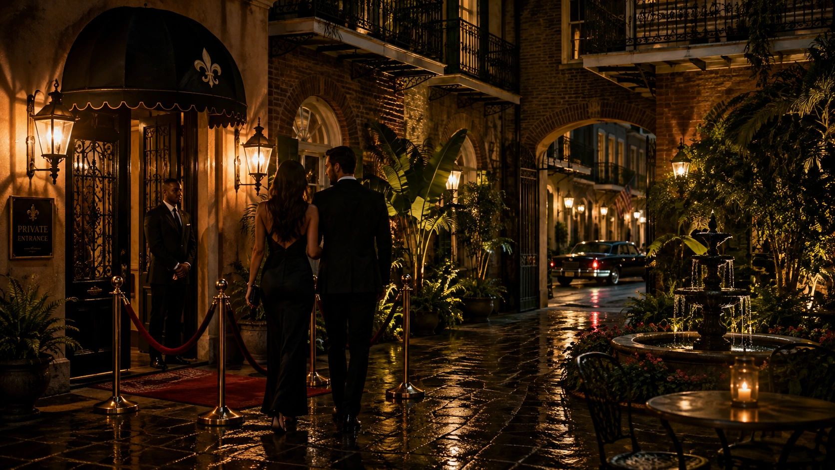 A couple enters an elegant venue at night.