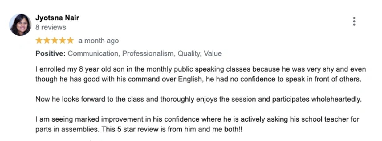 parent testimonial on homeclass public speaking classes with 5 star google review.