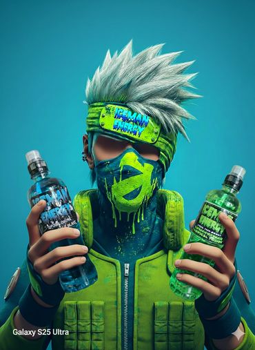 Futuristic character promoting Iceman Energy drinks with vibrant neon colors.