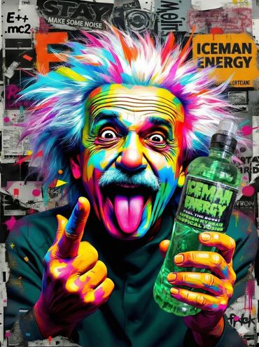 Colorful graffiti-style portrait of Einstein promoting Iceman Energy drink.