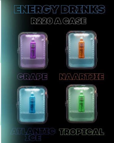 Four flavored energy drinks chilled in mini fridges, priced at R220 a case.