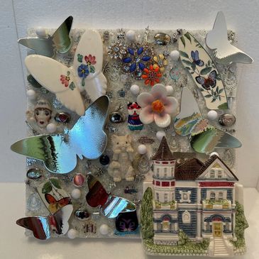 2022-21a Home of the Butterflies 12.5"x12.5"x3" mixed media on wood frame