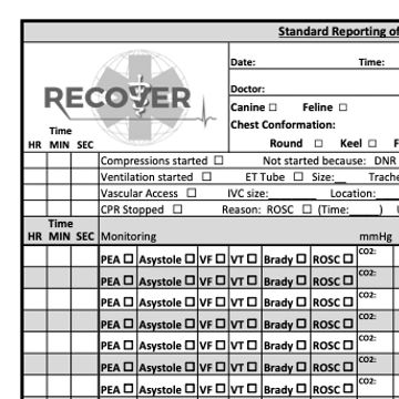 A detailed medical CPR report form for canines and felines with checkboxes and monitoring sections.