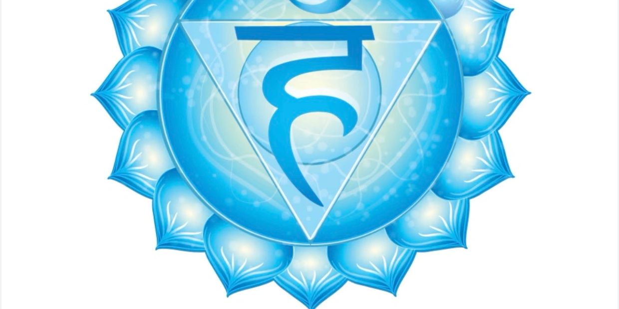 Blue throat chakra symbol with a lotus design.