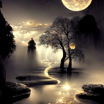 Surreal night scene with glowing moons and reflective water under silhouetted trees.
Showing the path of ones spiritual journey within the light to psychic vision and more