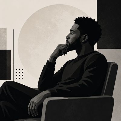 Thoughtful man sitting in a chair with a neutral geometric background.