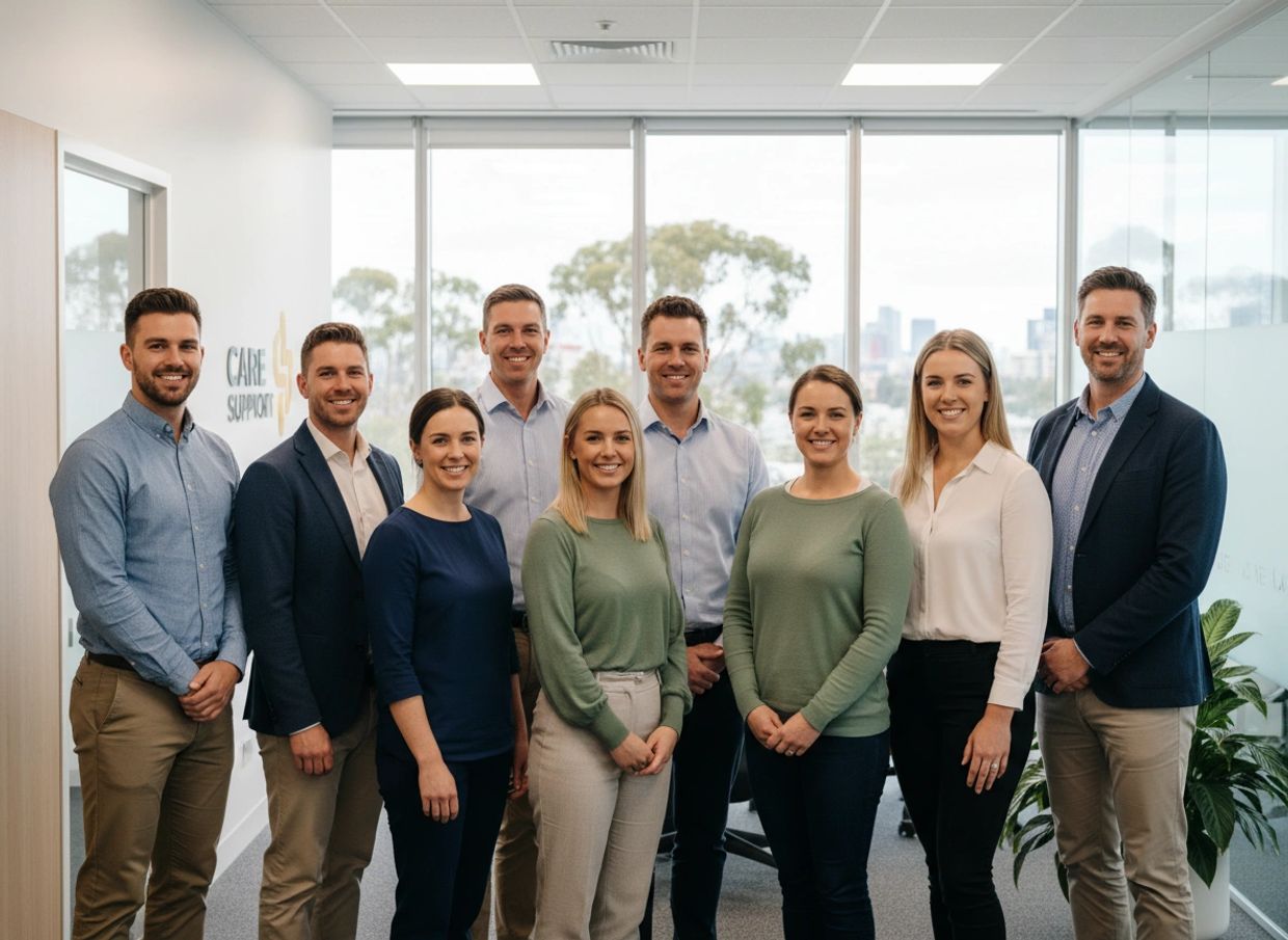 A group of nine professionals posing in an office with large windows.