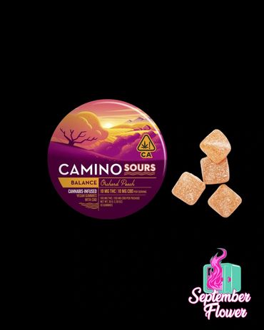 Camino Sours Orchard Peach vegan cannabis-infused gummies with balanced THC and CBD.