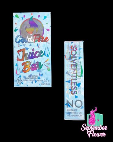 Colorful Cold Fire Juice Bar cannabis vape packaging with Solventless label.