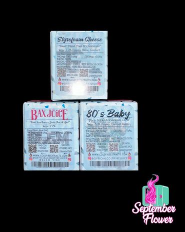 Three cannabis oil cartridges with distinct flavors and terpenes.