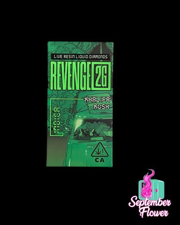 Green packaging for Revenge 2G Khalifa Kush live resin liquid diamonds.