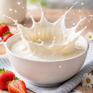 Splash of milk in a white bowl with strawberries and daisies nearby.