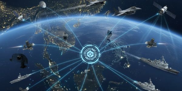 Military assets connected via satellite network over Earth at night.
