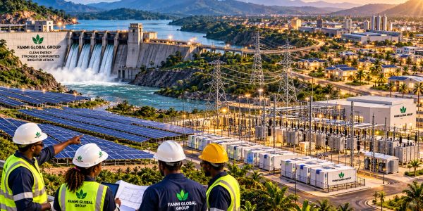 Engineers inspect a renewable energy plant with solar panels and a hydroelectric dam.